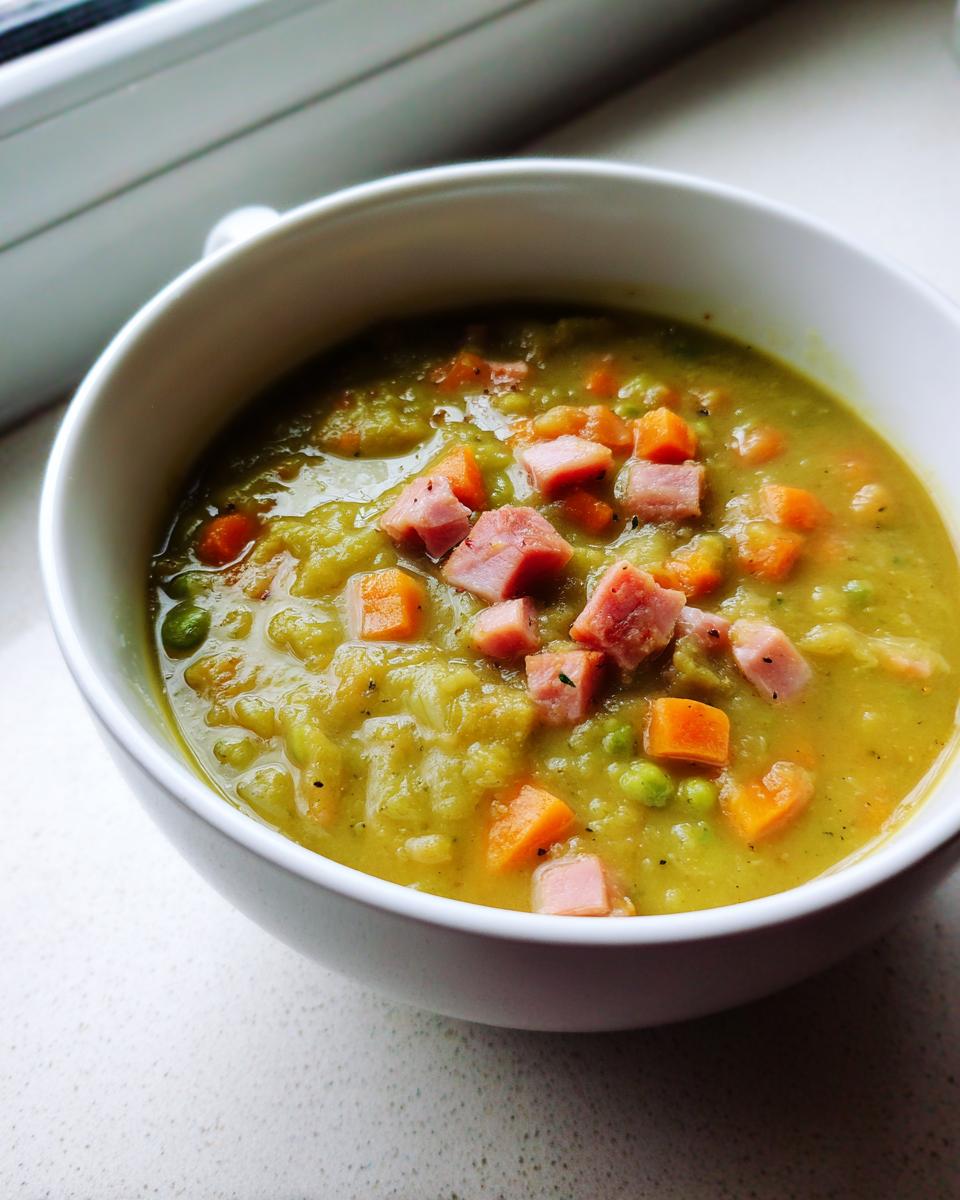 A close-up of a thick, green pea soup topped with diced ham and bright orange carrots.
