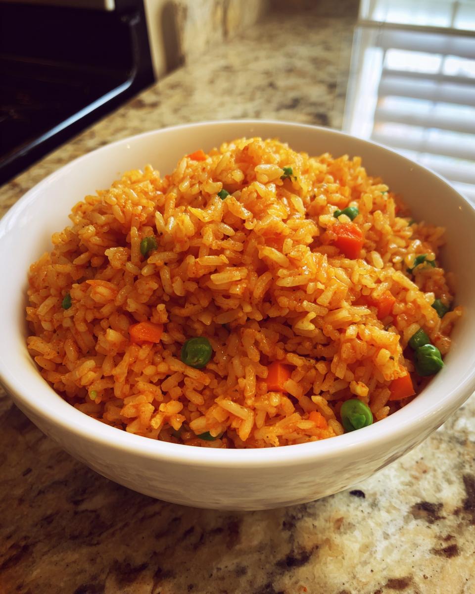 A close-up of fluffy, orange-colored spanish rice mixed with peas and carrots, served in a white bowl.
