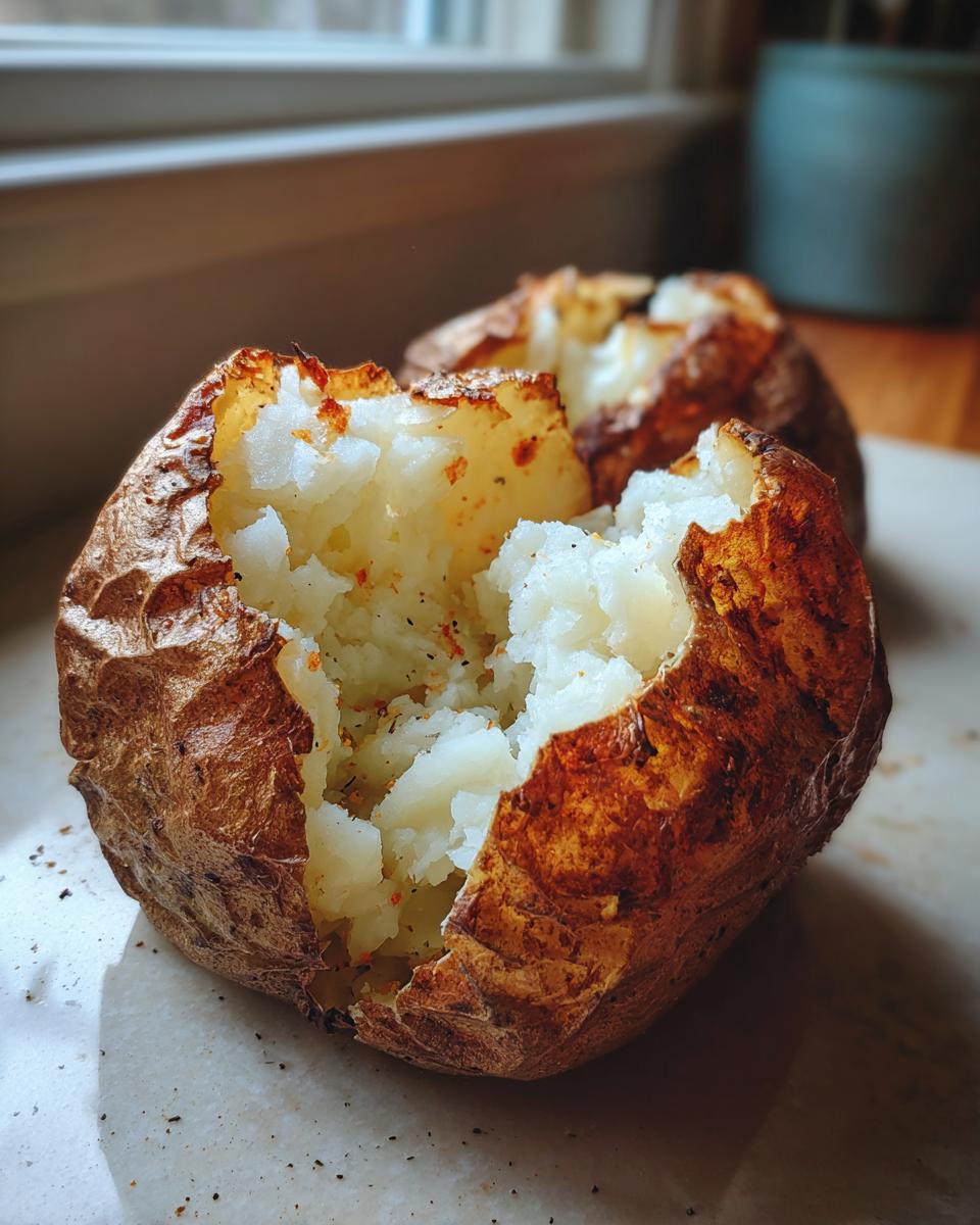 Close-up of a perfectly cooked air fryer baked potato, split open to show fluffy interior seasoned with spices.