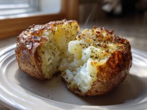 A perfectly cooked air fryer baked potato split in half, showing fluffy interior and crispy, seasoned skin.