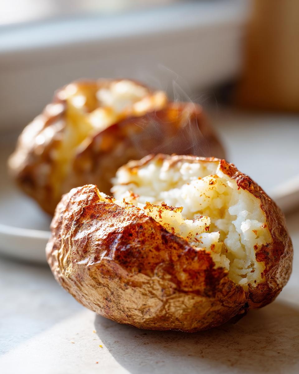 Close-up of a perfectly cooked air fryer baked potato, split open showing fluffy white interior and steaming hot.