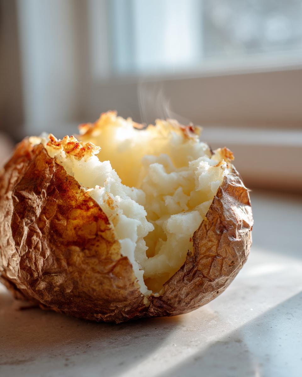 Close-up of a perfectly cooked air fryer baked potato, split open showing fluffy white interior and steam rising.