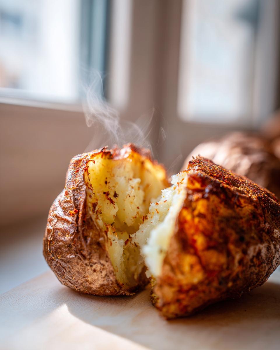 A perfectly cooked air fryer baked potato split in half, showing fluffy interior and steam rising.