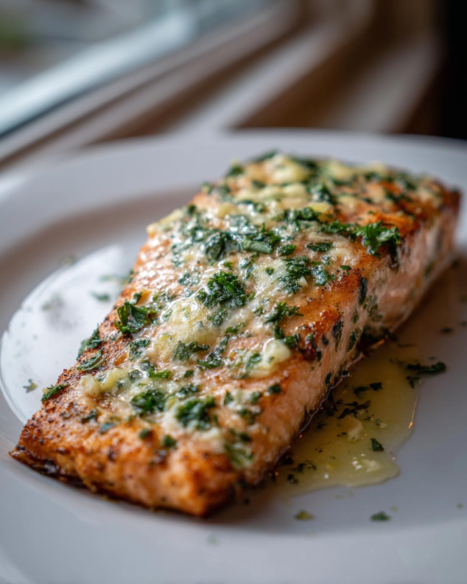 Close-up of a juicy air fryer salmon fillet topped with melted garlic butter and fresh parsley.