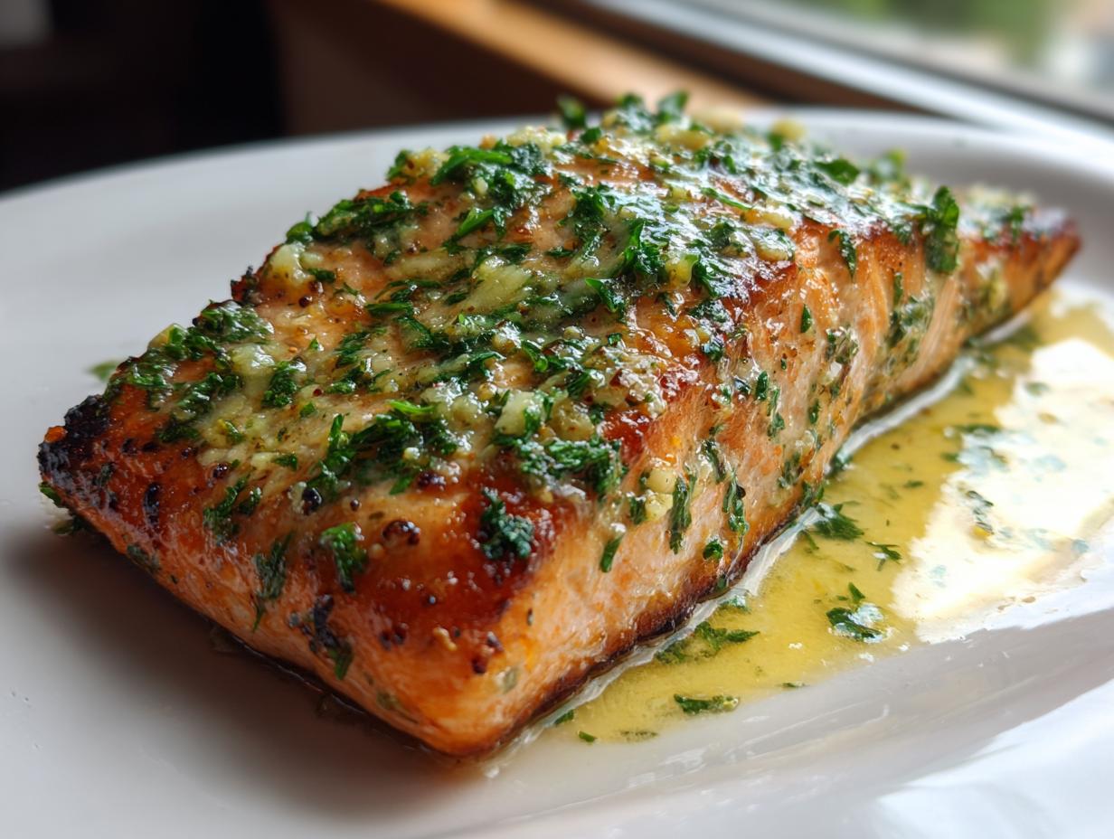 Close-up of a juicy fillet of air fryer salmon topped with melted garlic butter and fresh parsley.