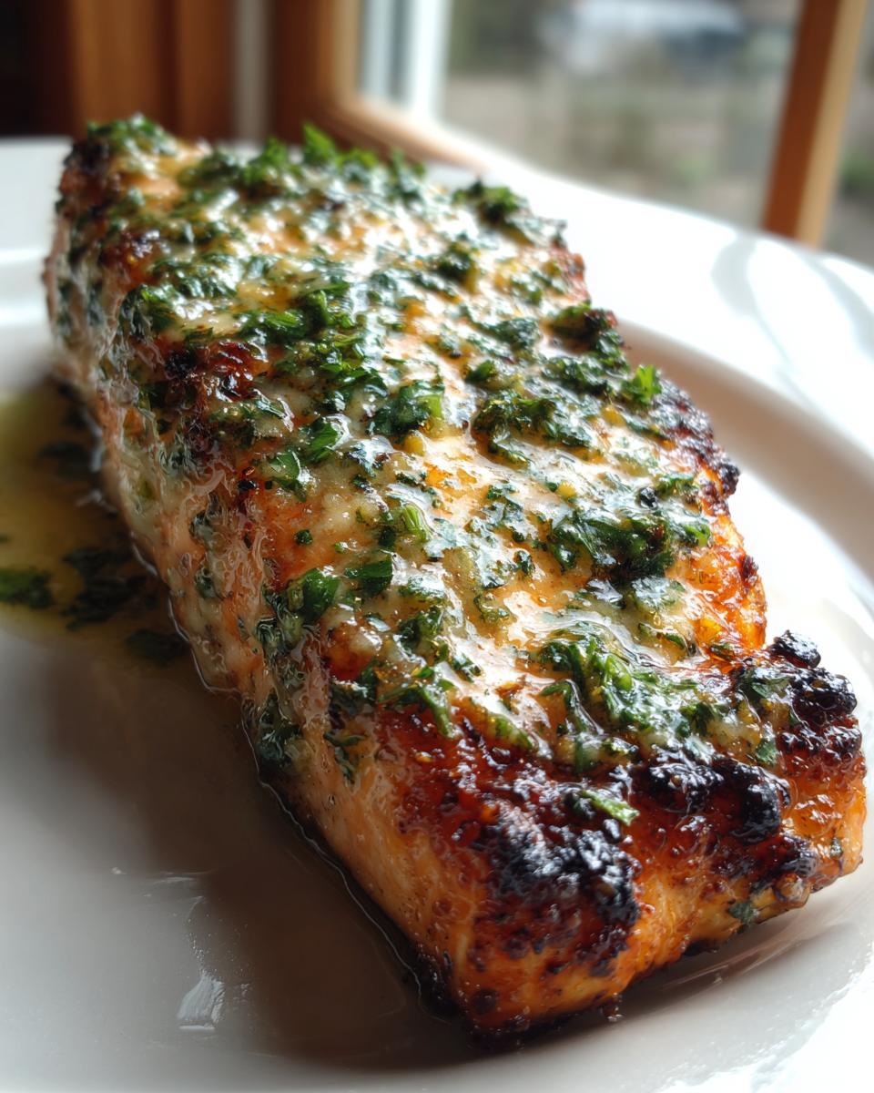 Close-up of a juicy piece of air fryer salmon topped with melted butter and fresh chopped parsley.
