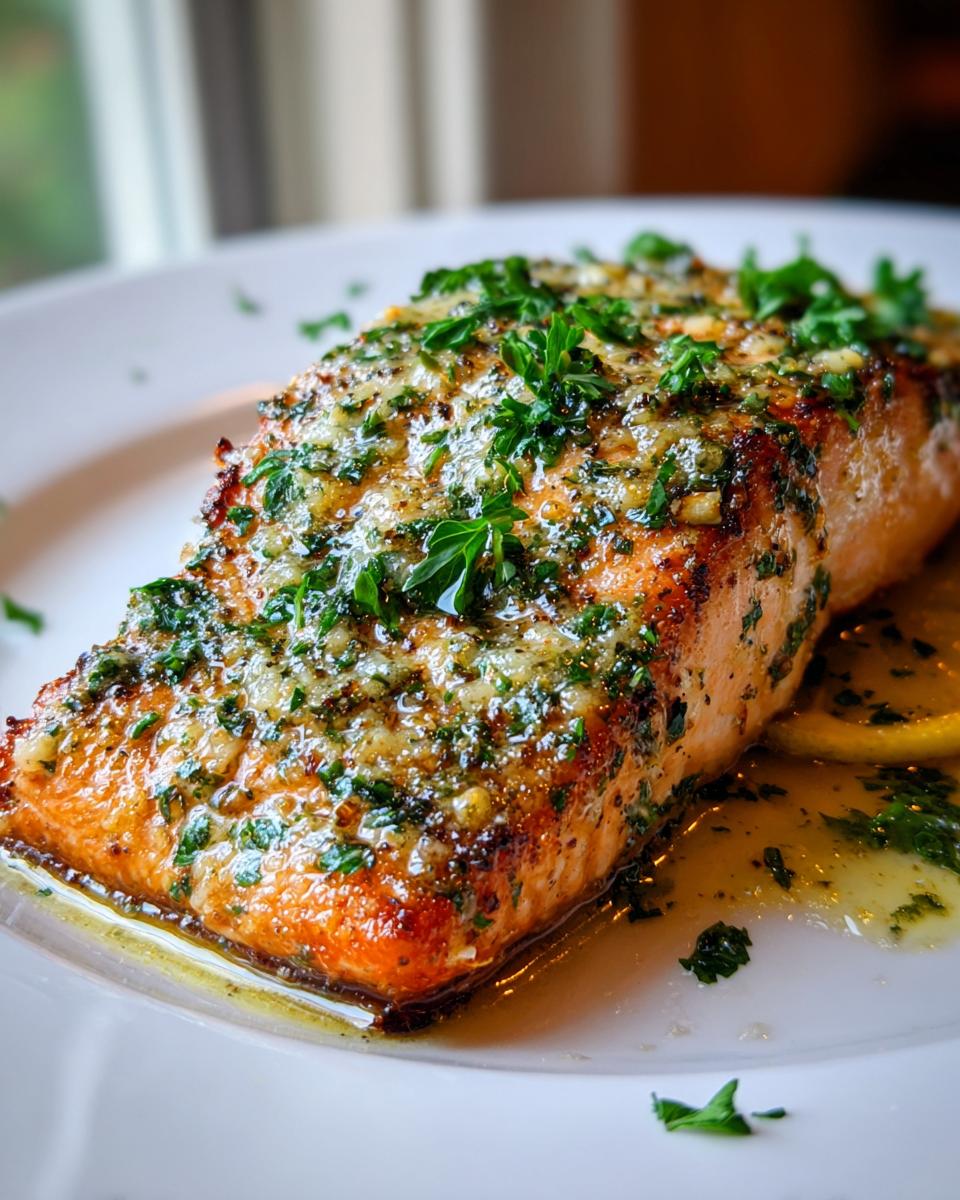 Close-up of a juicy, golden-brown air fryer salmon fillet topped with a glistening garlic-herb glaze and fresh parsley.