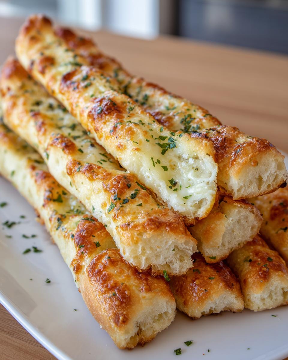 A close-up stack of golden brown, cheesy garlic breadsticks sprinkled with parsley, showing the soft interior.