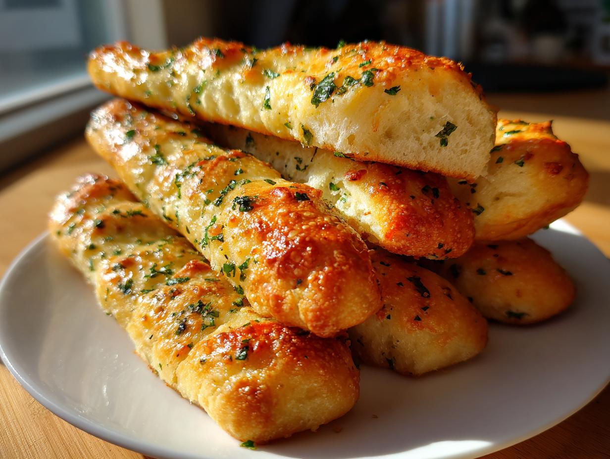 A stack of freshly baked, golden garlic breadsticks generously topped with melted butter and chopped parsley.