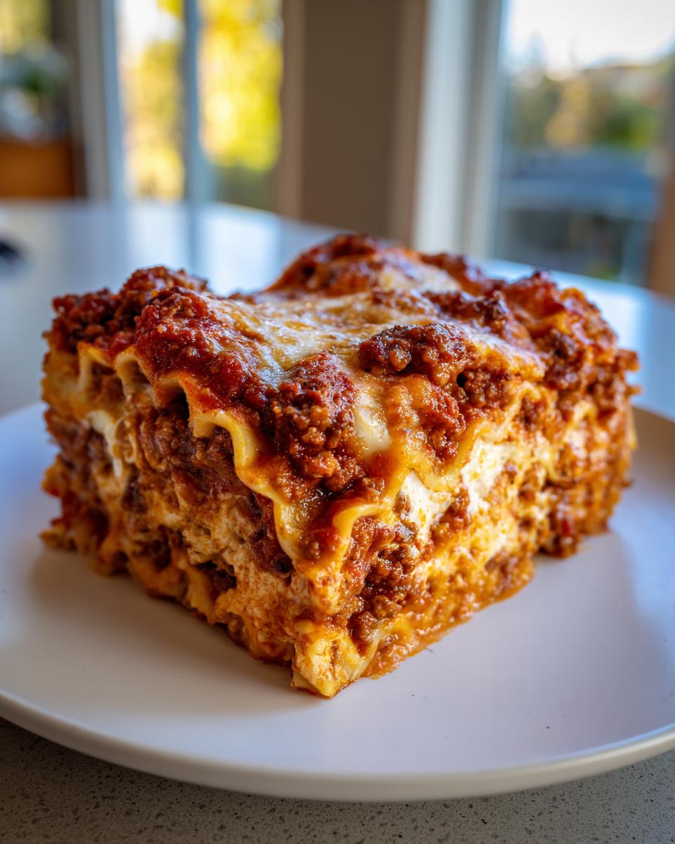 A thick, hearty slice of classic lasagna with rich meat sauce and melted cheese layers on a white plate.