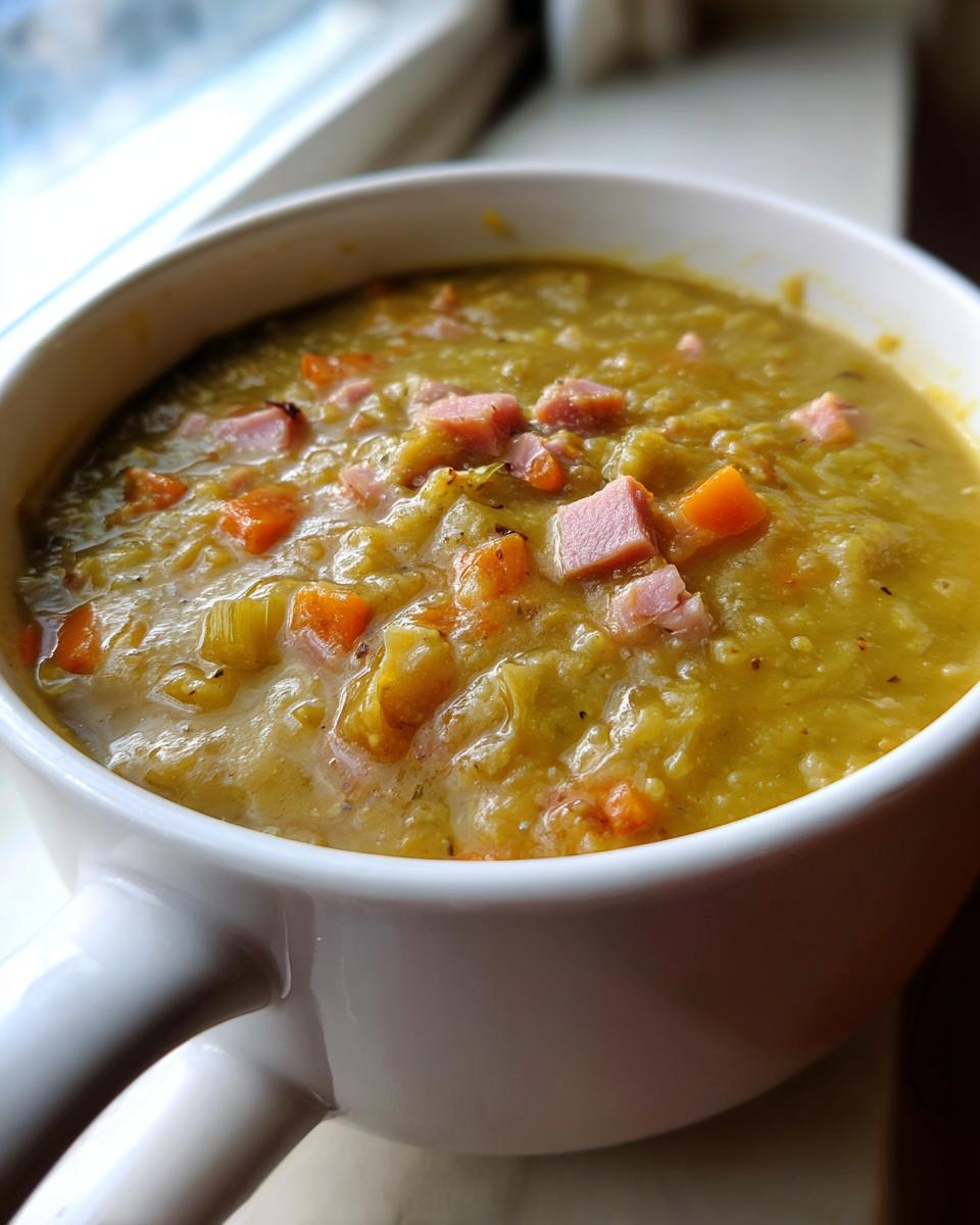 Close-up of a thick, creamy bowl of pea soup topped with diced ham and carrots.