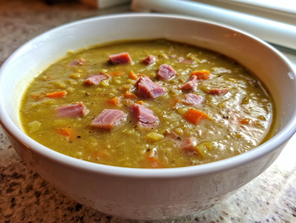 Close-up of a white bowl filled with thick, green pea soup topped with diced ham and carrots.