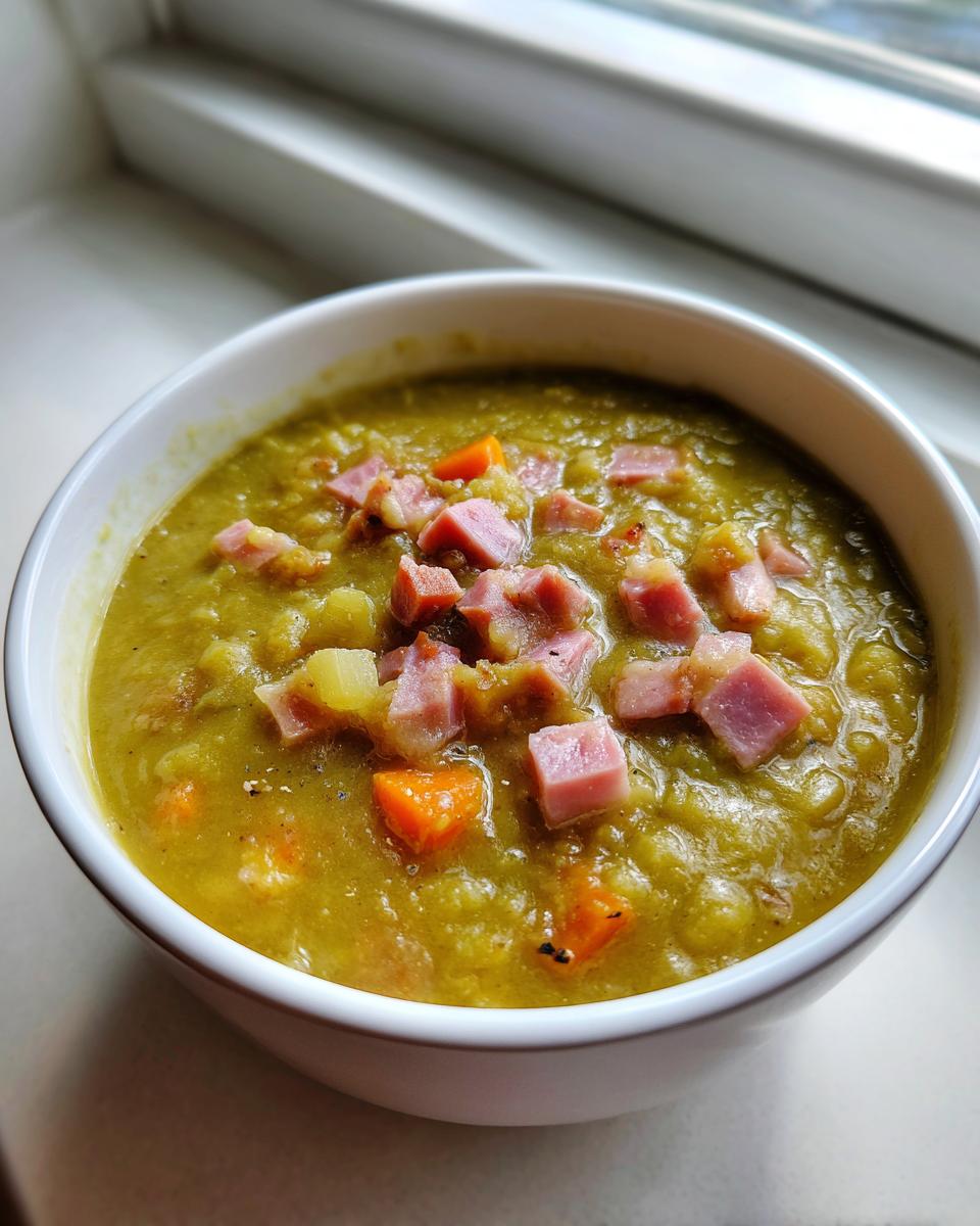 A close-up of a thick, green bowl of pea soup topped with diced ham and carrots.