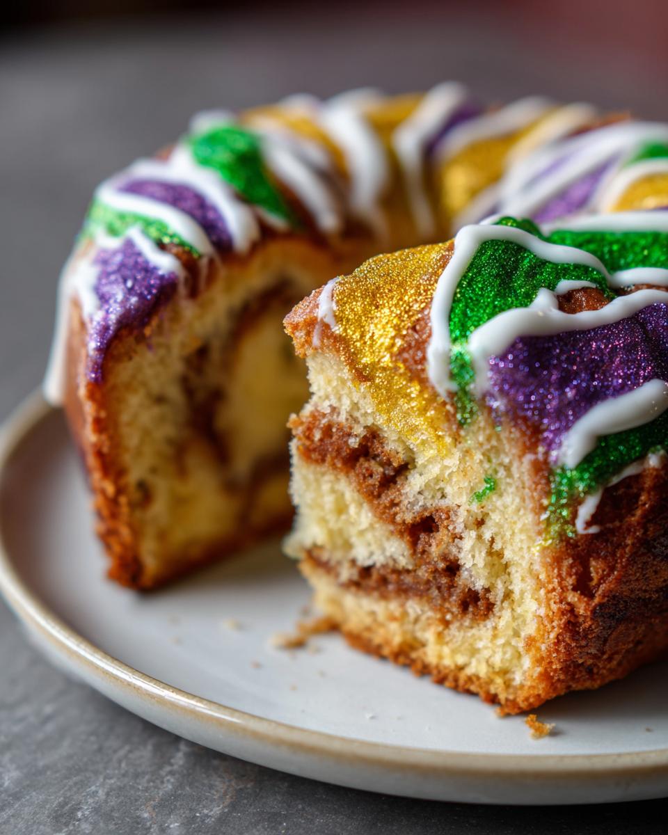 Close-up of a slice taken from a decorated King Cake featuring purple, green, and gold glitter icing.