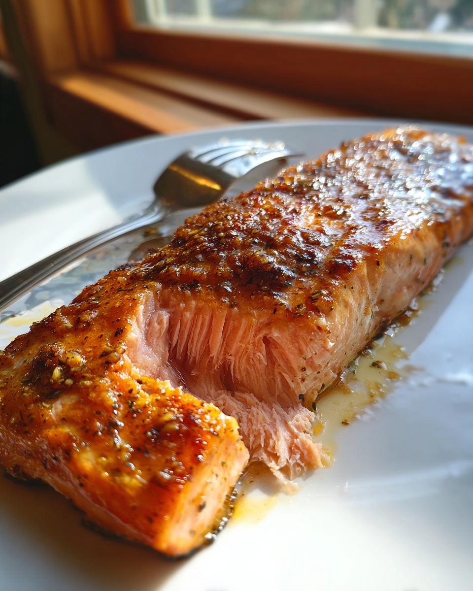 Close-up of a perfectly cooked, flaky salmon fillet with a savory glaze, resting on a white plate.