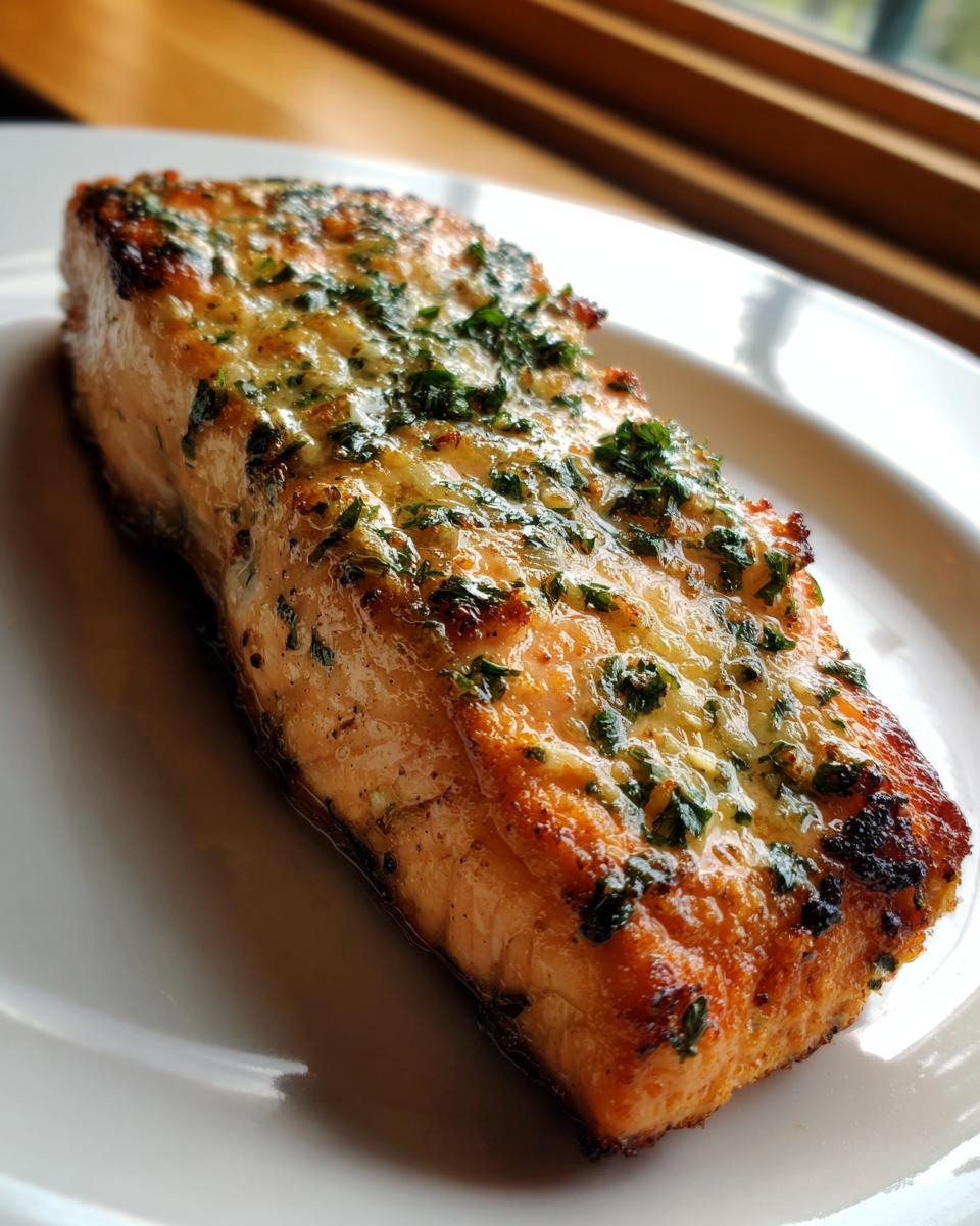 Close-up of a flaky, golden-brown air fryer salmon fillet topped with melted butter and fresh parsley.