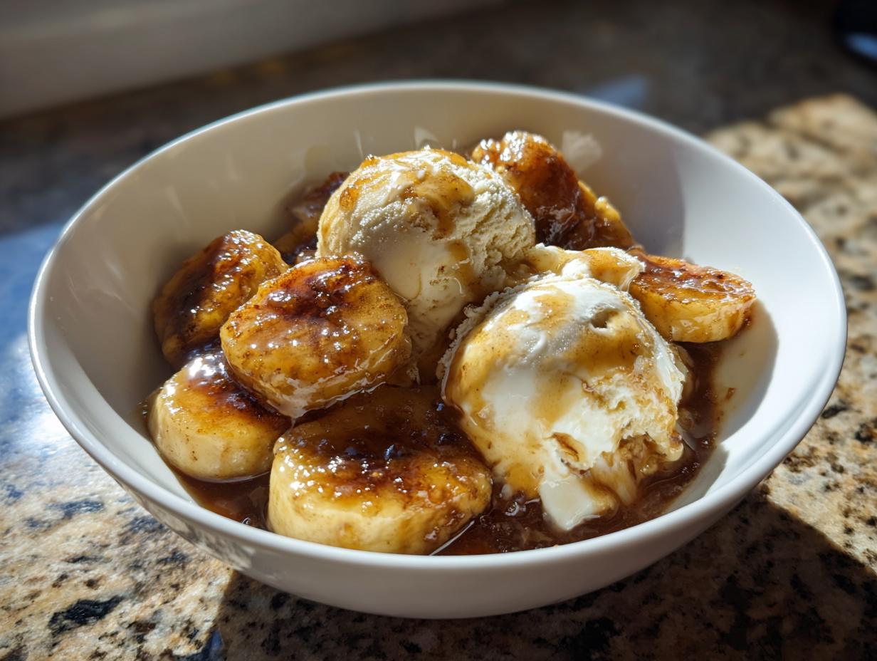 Close-up of warm Bananas Foster caramelized bananas served with scoops of melting vanilla ice cream in a white bowl.