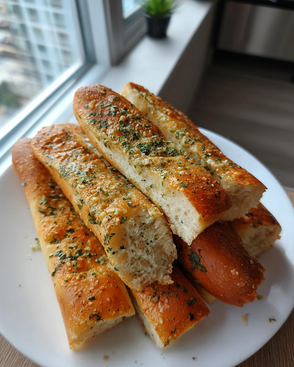 A stack of freshly baked, golden brown breadsticks topped with garlic and parsley served on a white plate.