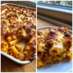 Close-up of a bubbly, cheesy pasta bake with a golden-brown crust and a serving on a plate.