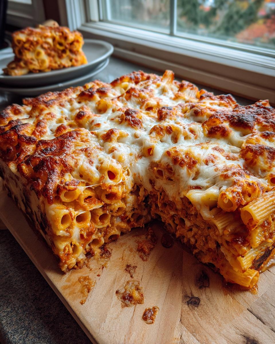 A large, square portion of cheesy pasta bake with a thick, golden-brown melted cheese topping, cut open to show the rigatoni pasta inside.