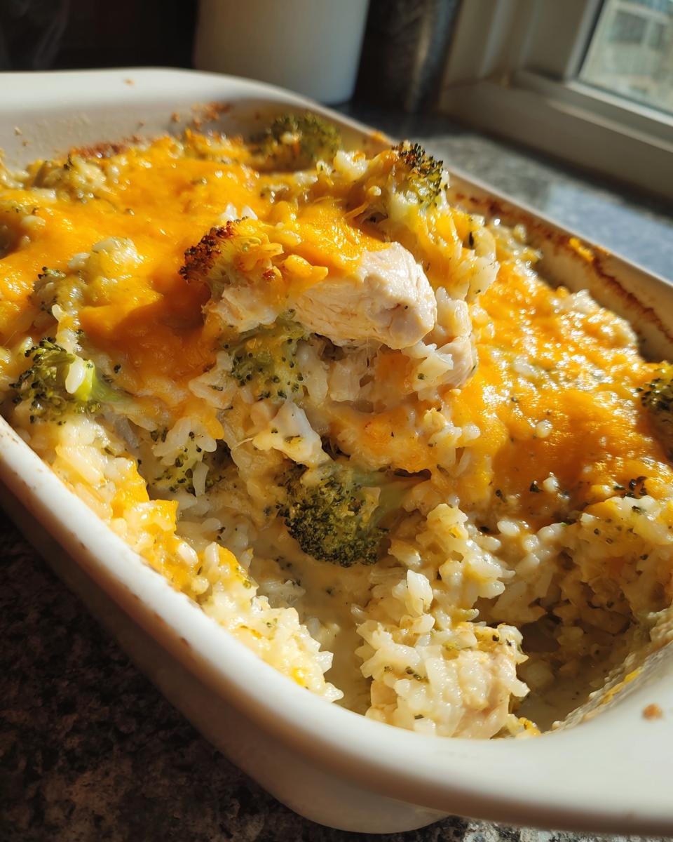 Close-up of creamy chicken broccoli rice casserole topped with melted, slightly browned cheddar cheese in a white baking dish.