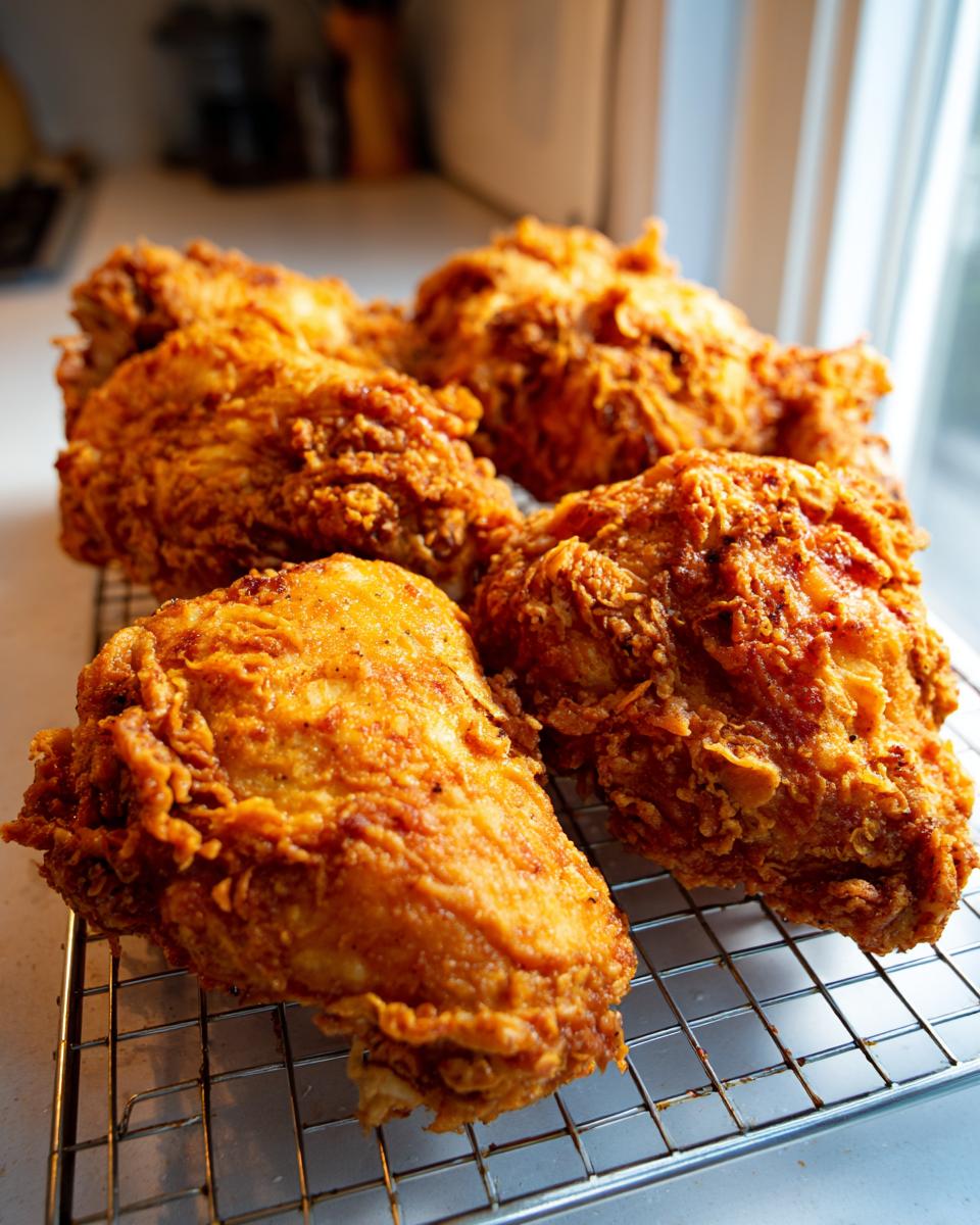 Close-up of several pieces of perfectly crispy, golden brown fried chicken resting on a wire cooling rack.