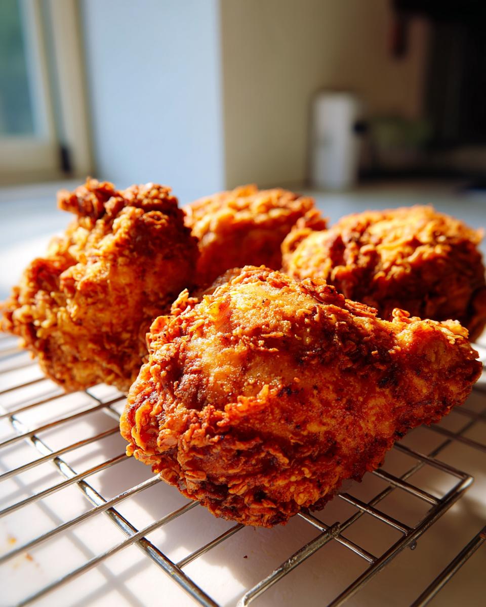 Four pieces of golden brown, crispy fried chicken resting on a wire cooling rack.