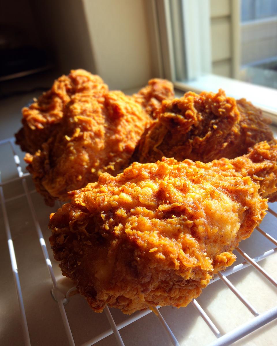 Close-up of several pieces of golden brown, crispy fried chicken resting on a white wire cooling rack near a window.