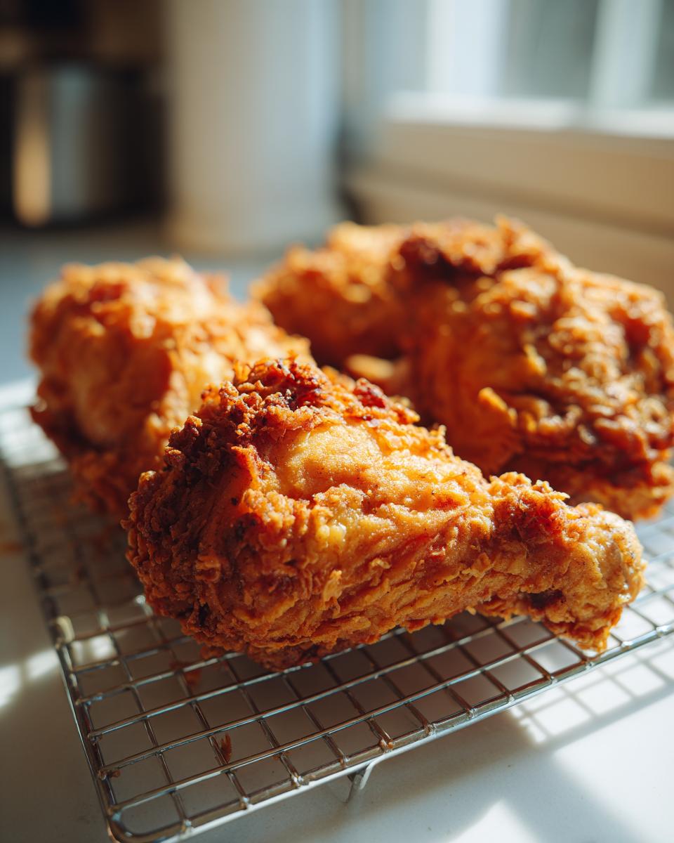 Close-up of golden brown, crispy fried chicken pieces resting on a wire cooling rack indoors.