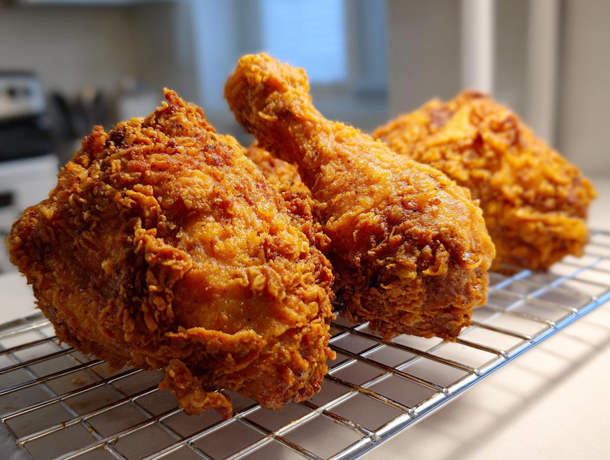 Close-up of three pieces of golden brown, crispy fried chicken resting on a wire cooling rack.