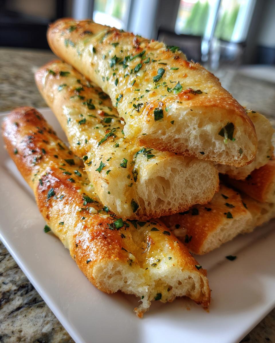 A stack of golden, buttery garlic breadsticks topped with fresh parsley, ready to eat.