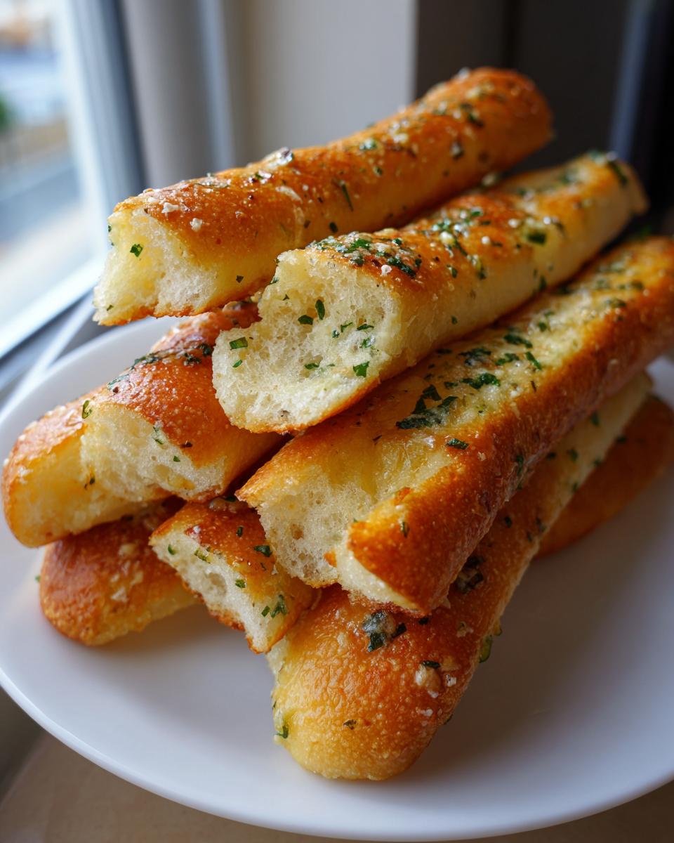 A stack of golden brown, fluffy breadsticks brushed with garlic butter and sprinkled with herbs, showing the soft interior.