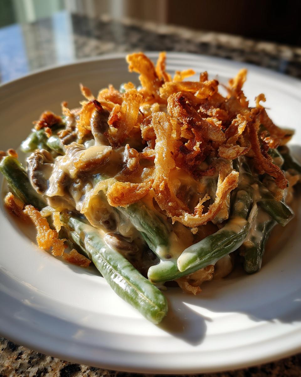 A close-up serving of creamy green bean casserole topped generously with crispy fried onions.