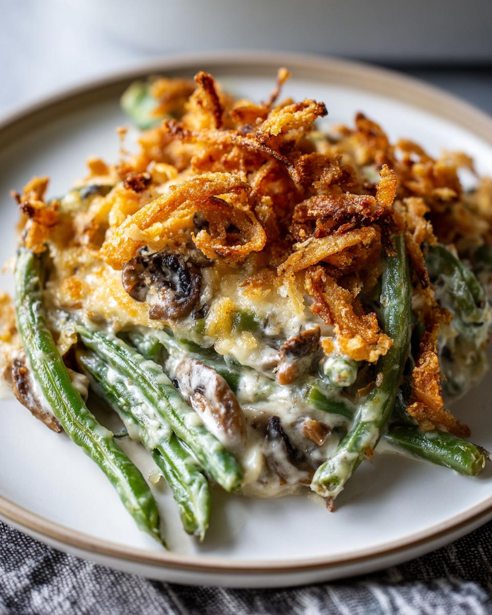 Close-up of a serving of green bean casserole featuring creamy sauce, mushrooms, and topped with crispy fried onions.
