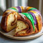 A slice cut from a beautiful King Cake showing the cinnamon swirl interior and colorful purple, green, and gold icing.