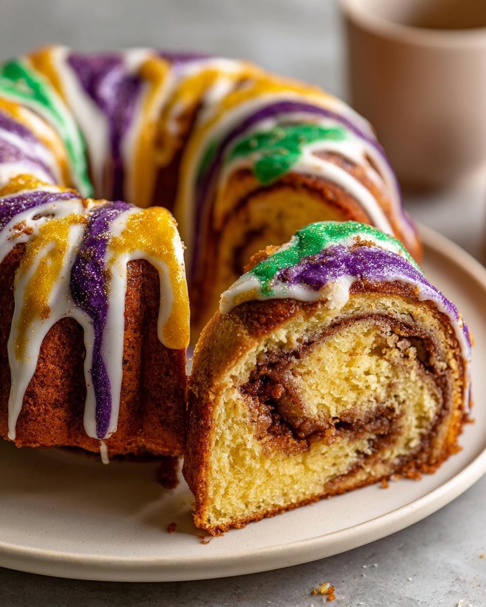 Close-up of a slice cut from a vibrant King Cake, showing cinnamon swirl filling and colorful Mardi Gras icing.