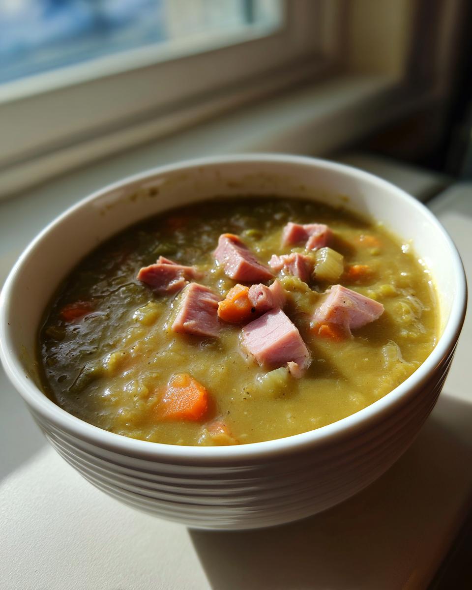 A close-up of a white bowl filled with thick, green pea soup topped with diced ham and carrots.