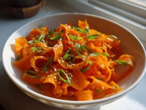 Close-up of a white bowl filled with vibrant orange raw carrot salad ribbons, topped with sesame seeds and chopped green onions.