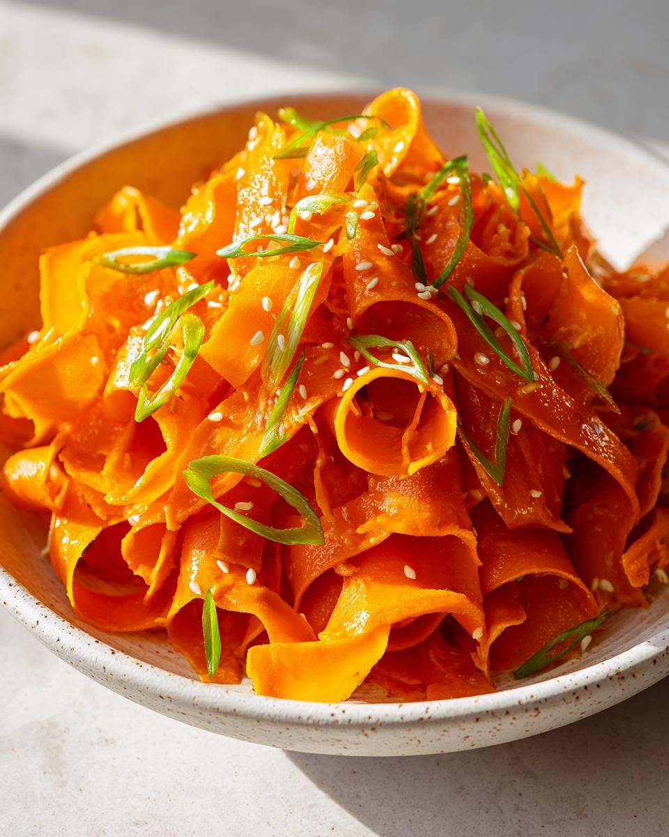 Close-up of a vibrant raw carrot salad made with shaved carrot ribbons, topped with sesame seeds and sliced green onions.