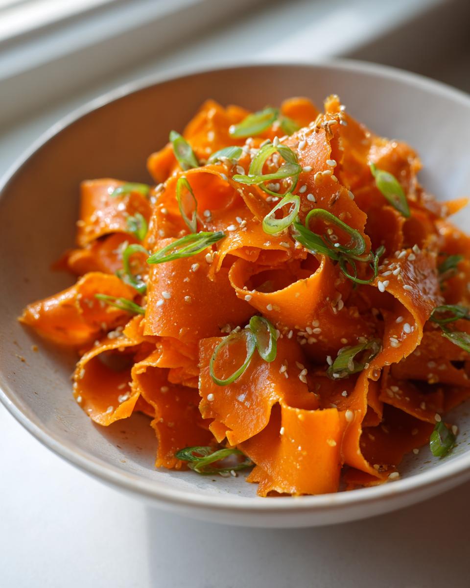 Close-up of a bowl filled with vibrant raw carrot salad ribbons, topped with sesame seeds and sliced green onions.