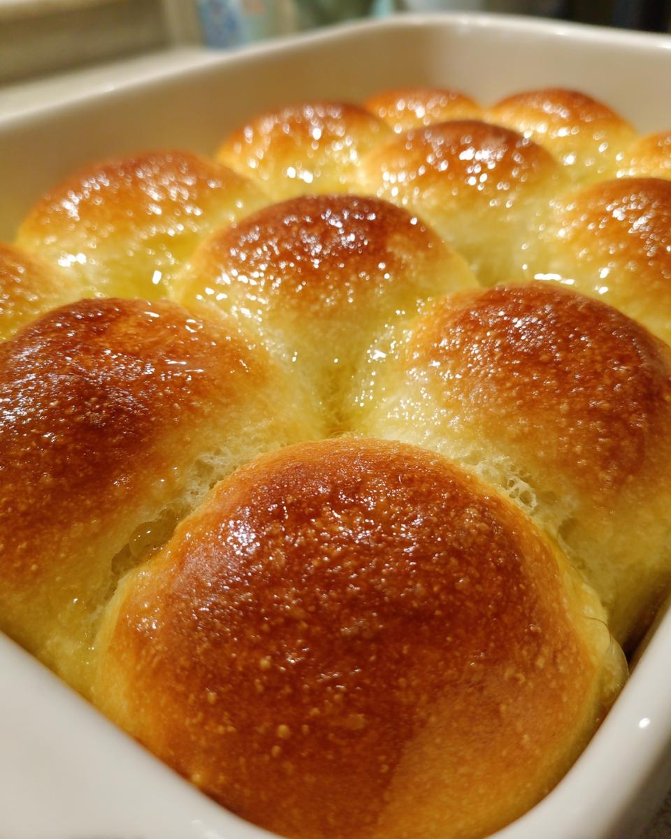 Close-up of golden brown, soft dinner rolls baked together in a white dish and brushed with melted butter.