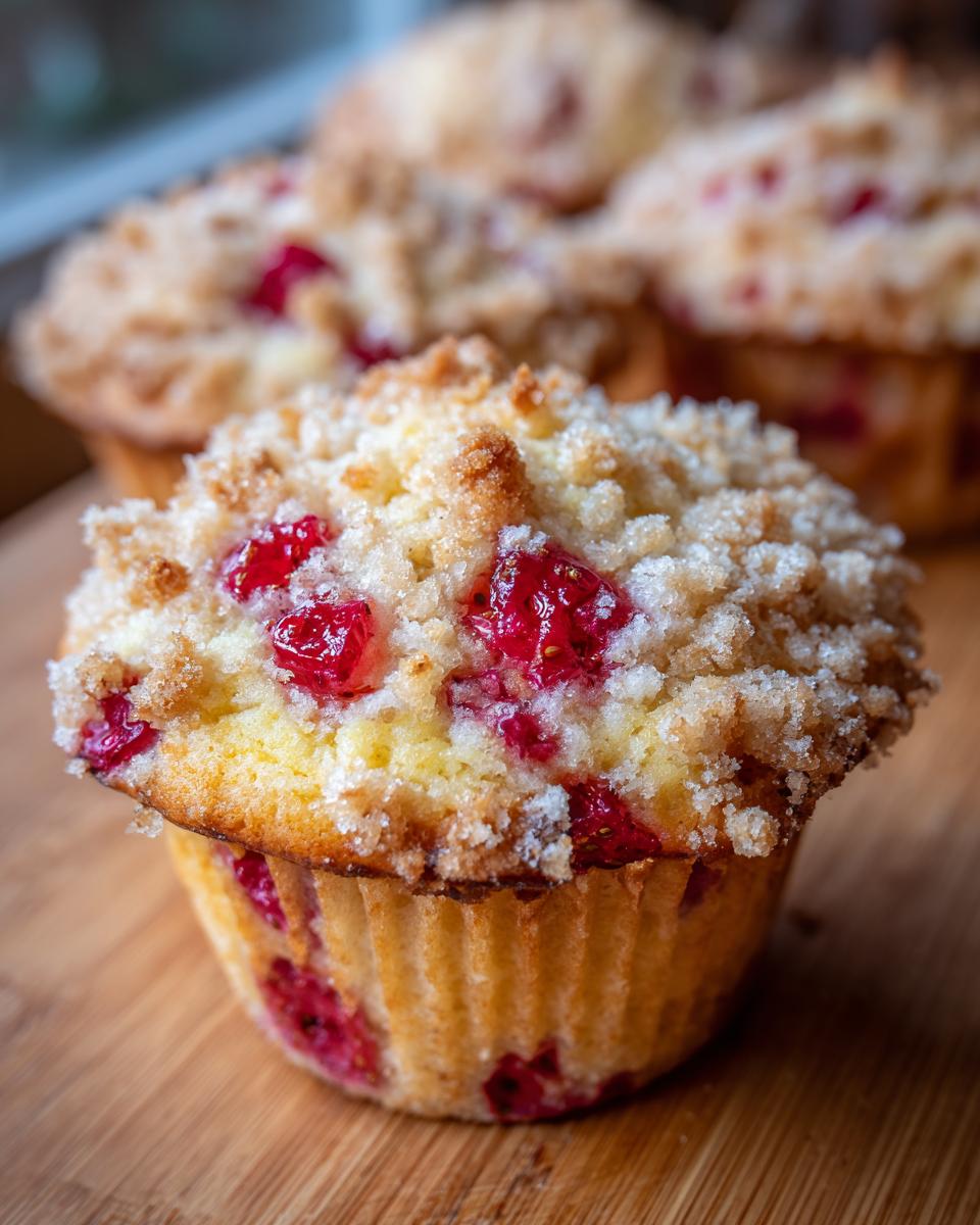 A close-up of a freshly baked strawberry muffin with a golden crumb topping and visible pieces of bright red strawberries.
