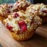 A close-up of a freshly baked strawberry muffin with a golden crumb topping and visible pieces of bright red strawberry.