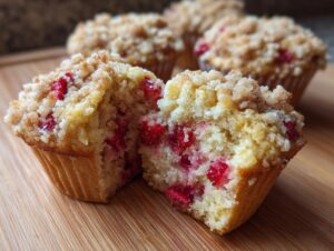 A strawberry muffin cut in half showing moist interior packed with strawberries and a crunchy crumb topping. Perfect strawberry muffins.