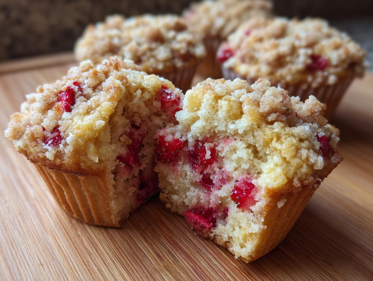 A strawberry muffin cut in half showing moist interior packed with strawberries and a crunchy crumb topping. Perfect strawberry muffins.