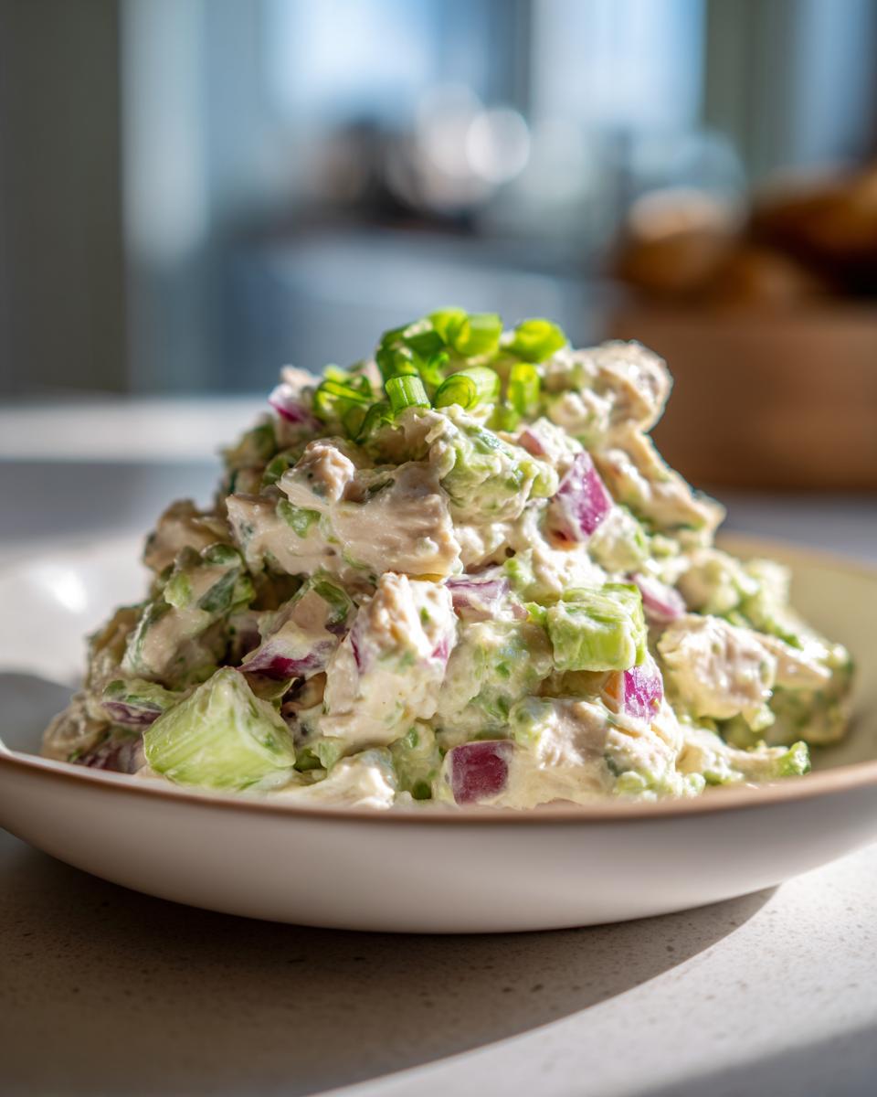 Close-up of a mound of creamy avocado chicken salad mixed with red onion and celery, topped with fresh green chives.