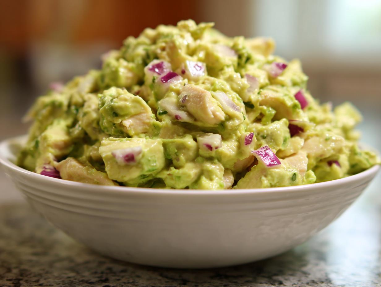 A close-up of creamy avocado chicken salad mixed with chunks of chicken and diced red onion in a white bowl.