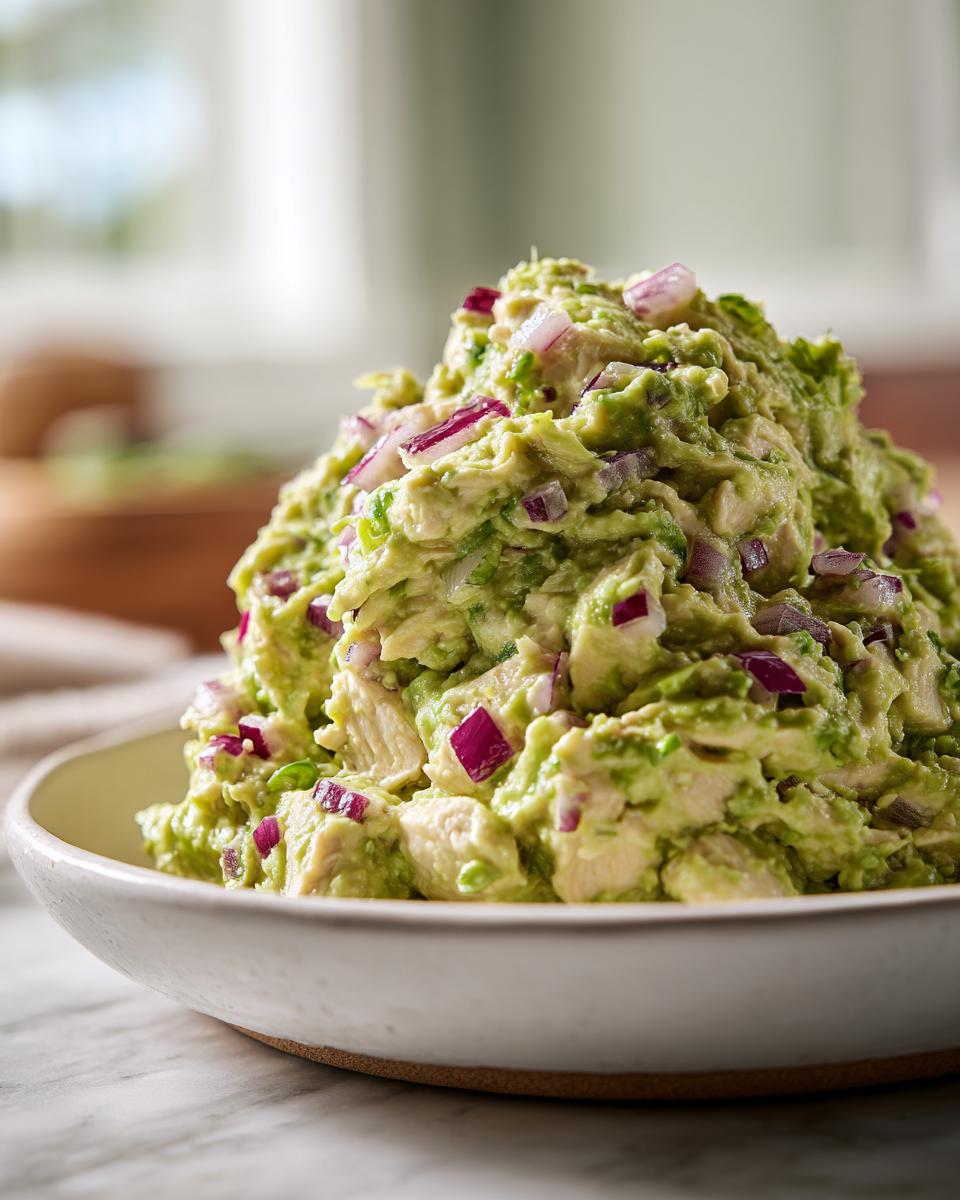 Close-up of a heaping mound of creamy avocado chicken salad mixed with chunks of chicken and diced red onion in a white bowl.
