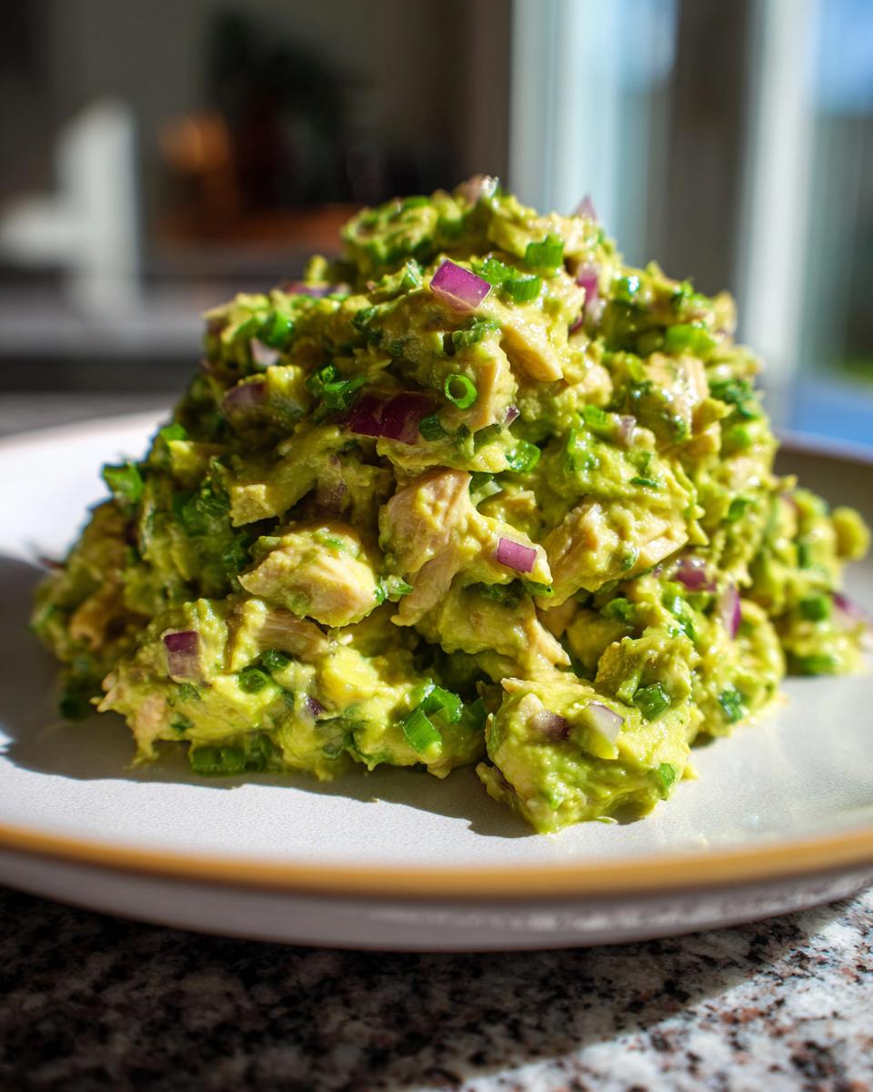 A mound of creamy avocado chicken salad mixed with chunks of chicken, red onion, and green onions on a light plate.