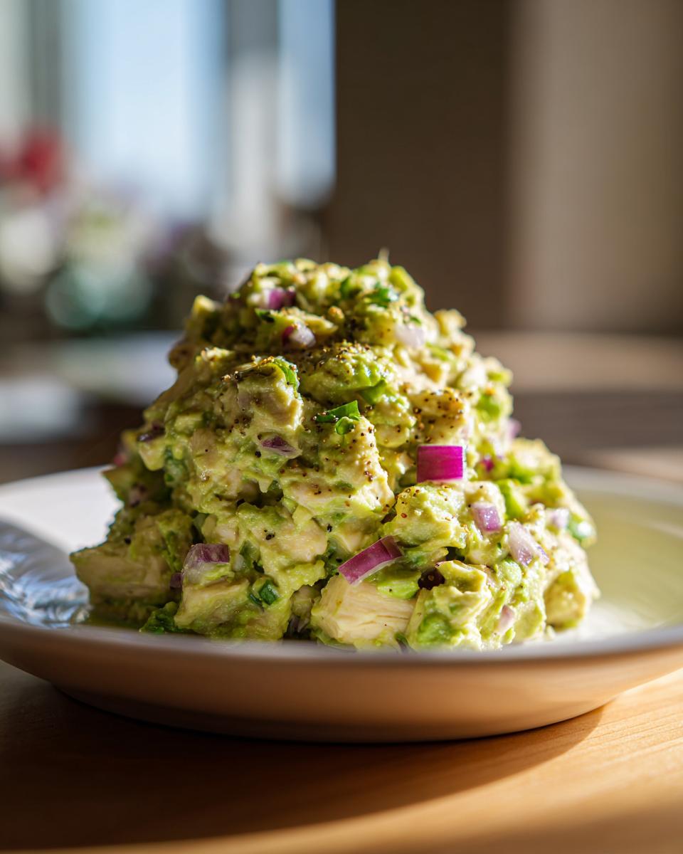 A close-up of a fresh mound of avocado chicken salad mixed with chunks of chicken and diced red onion.